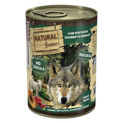 Natural Greatness Lamb and Papaya wet dog food in 400g package, showcasing the product packaging with natural ingredients.