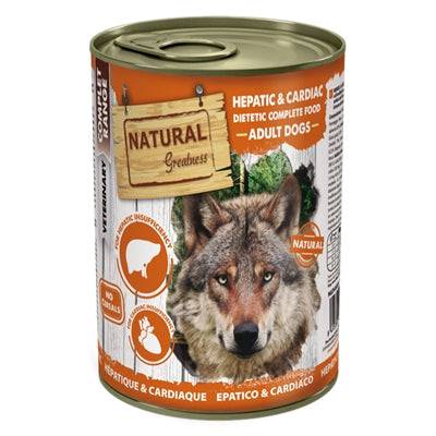 Natural Greatness Veterinary Diet dog wet food for hepatic and cardiac health, 400g can with beef and liver in natural gravy