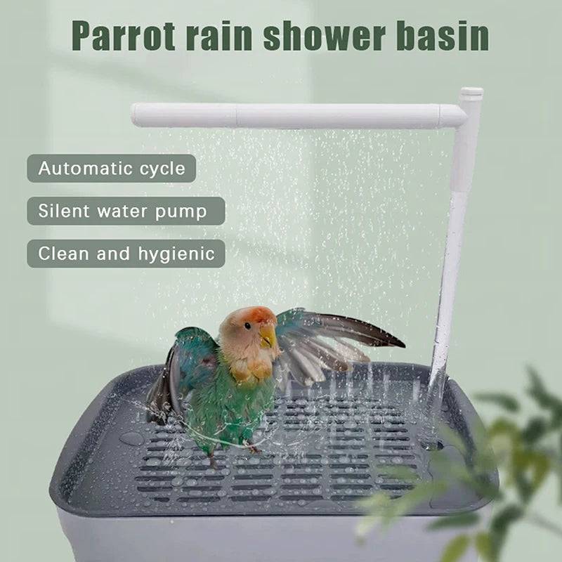Pawciara automatic parrot bird bath with USB circulating water fountain, featuring a tub and shower for pet bird hydration.