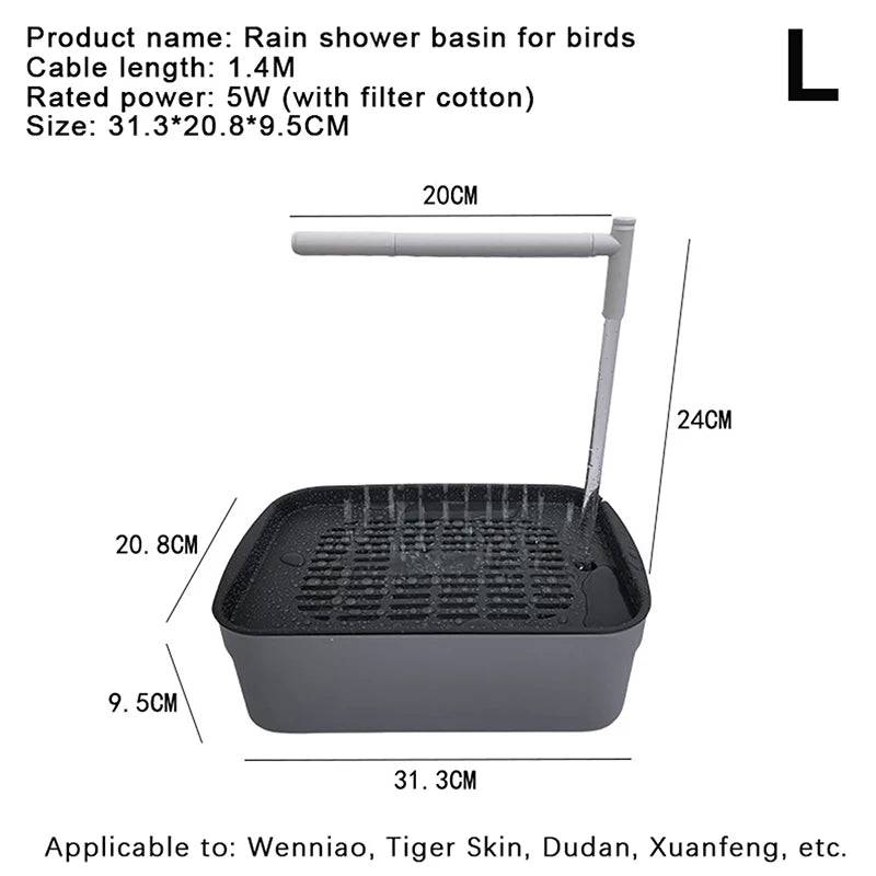 Automatic Parrot Bird Bath by Pawciara featuring a USB-powered circulating water fountain for bird bathing and hydration.