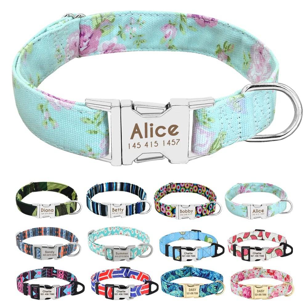 Personalized blue nylon dog collar with engraved ID tag from Pawciara, suitable for small to large dogs.