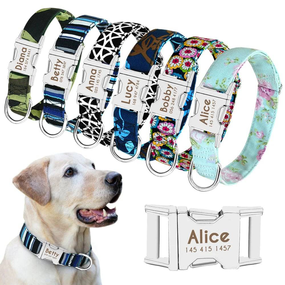 Blue personalized nylon dog collar with engraved ID tag, suitable for small to large dogs, featuring printed design by Pawciara.
