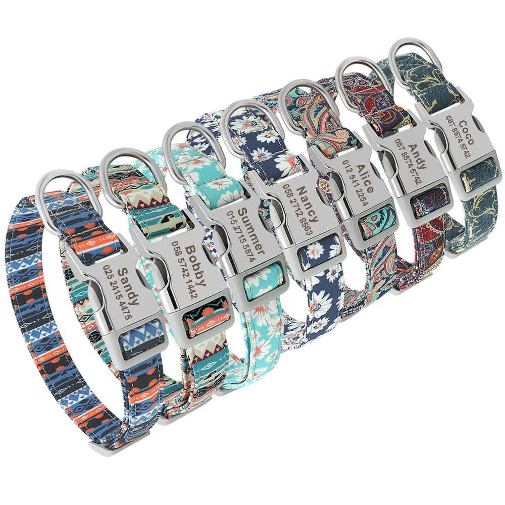 Blue personalized nylon dog collar with engraved ID tag from Pawciara, suitable for small to large dogs, featuring printed design.