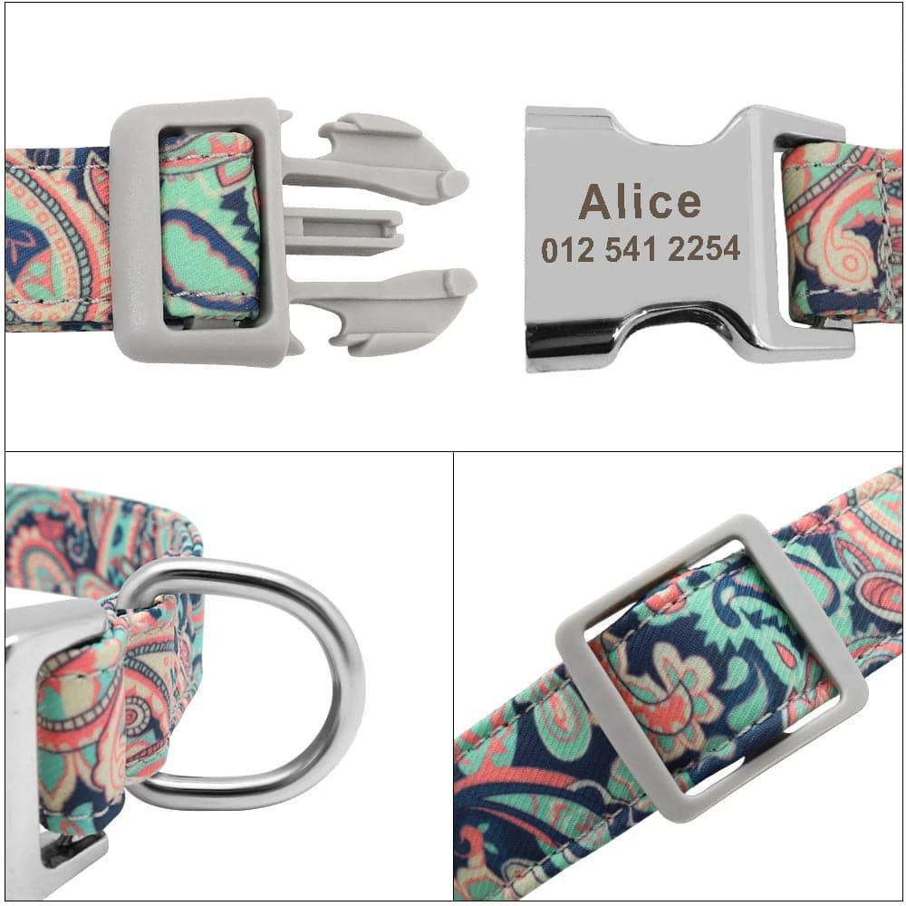 Blue nylon personalized dog collar with engraved ID tag from Pawciara, suitable for small to large dogs, with printed design.