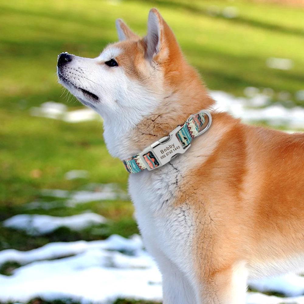 Blue personalized nylon dog collar with engraved ID tag, suitable for small to large dogs, by Pawciara
