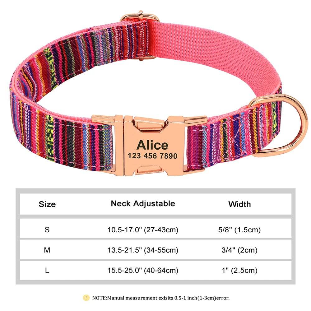 Blue personalized nylon dog collar with engraved ID tag for small to large dogs, featuring printed design by Pawciara.