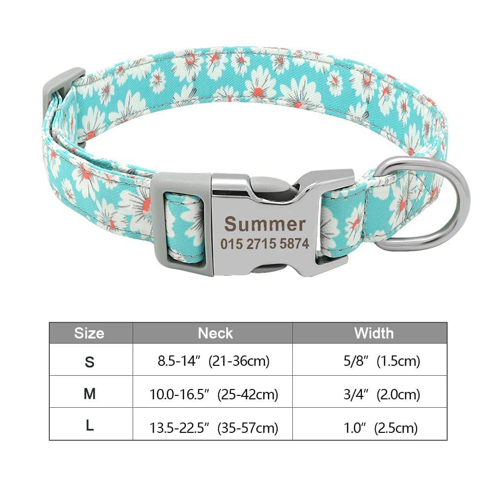 Blue personalized nylon dog collar with engraved ID tag, suitable for small to large dogs, featuring printed design and secure buckle.