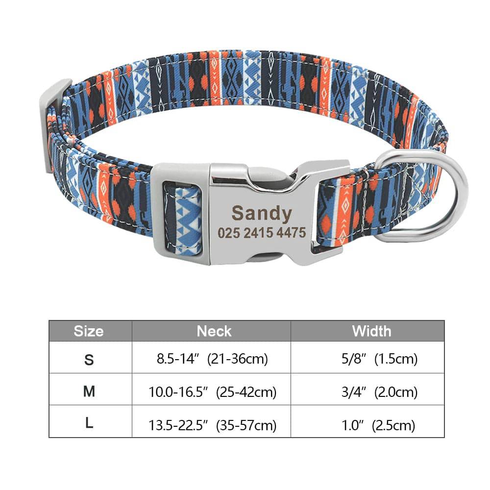 Blue nylon personalized dog collar with engraved ID tag from Pawciara, suitable for small to large dogs.