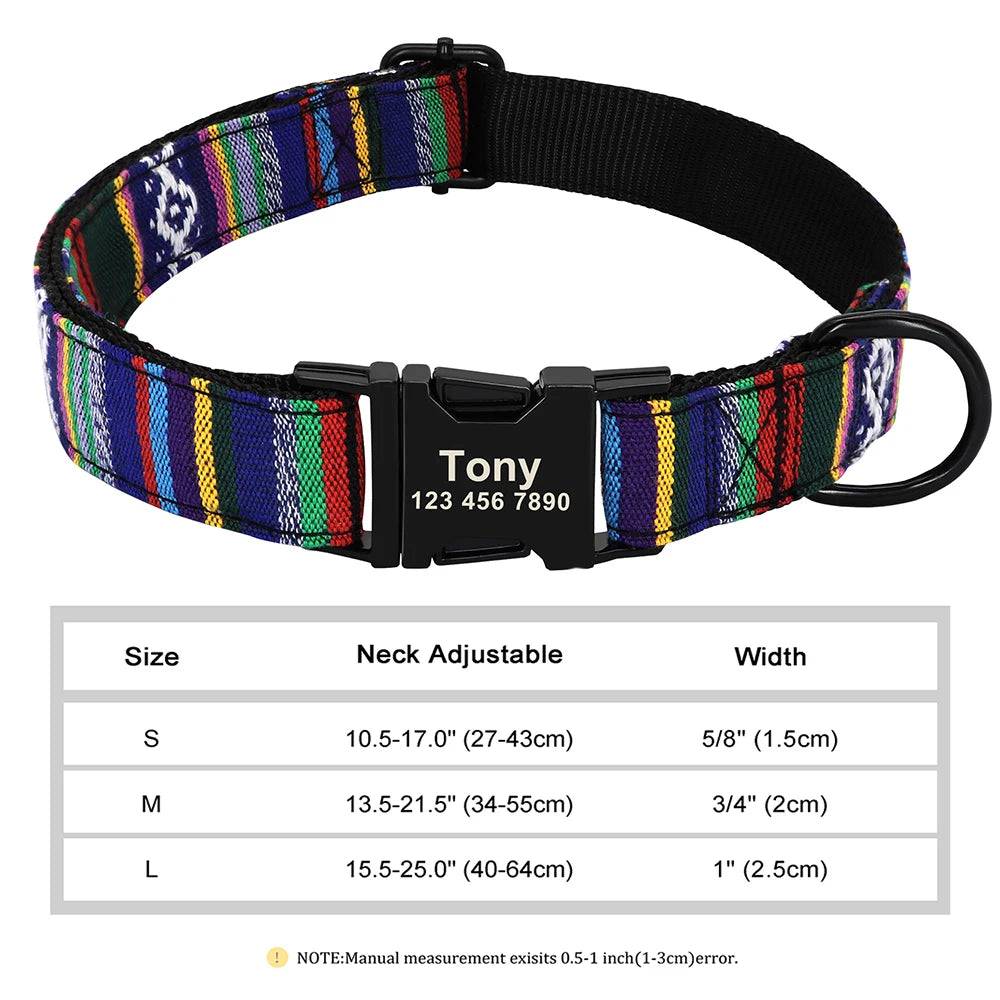 Blue nylon personalized dog collar with engraved ID tag from Pawciara, suitable for small to large dogs.
