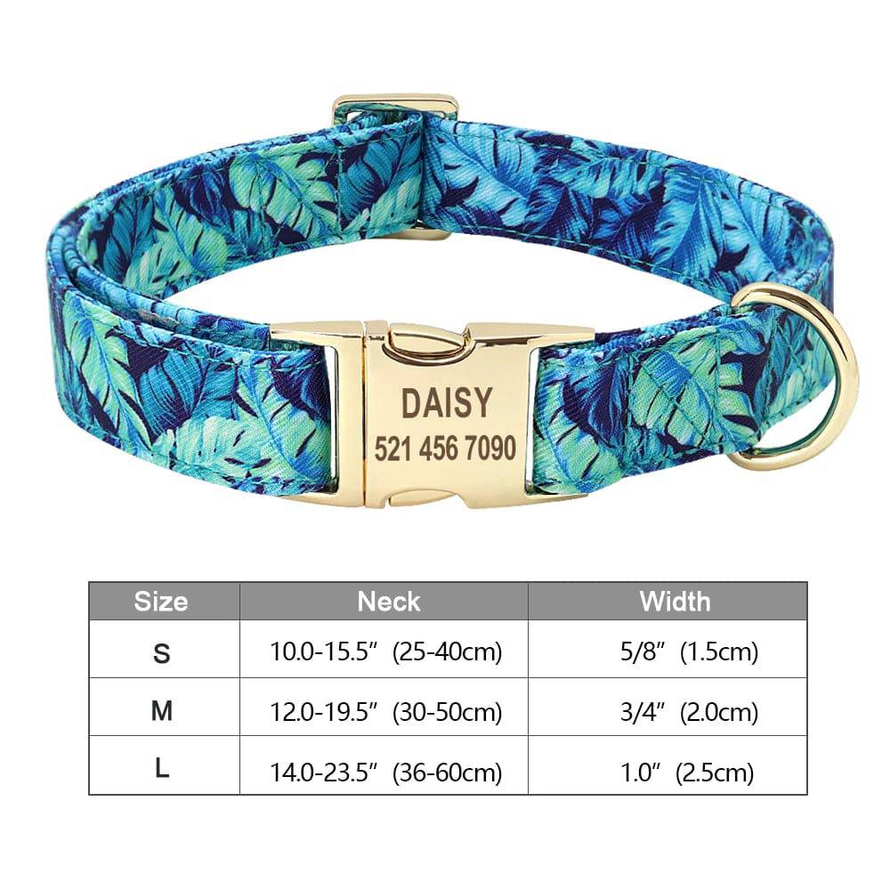 Blue nylon personalized dog collar with engraved ID tag for small to large dogs, featuring printed design and adjustable fit.