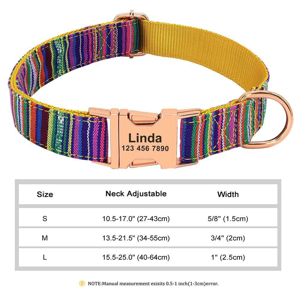 Blue nylon personalized dog collar with engraved ID tag from Pawciara, suitable for small to large dogs