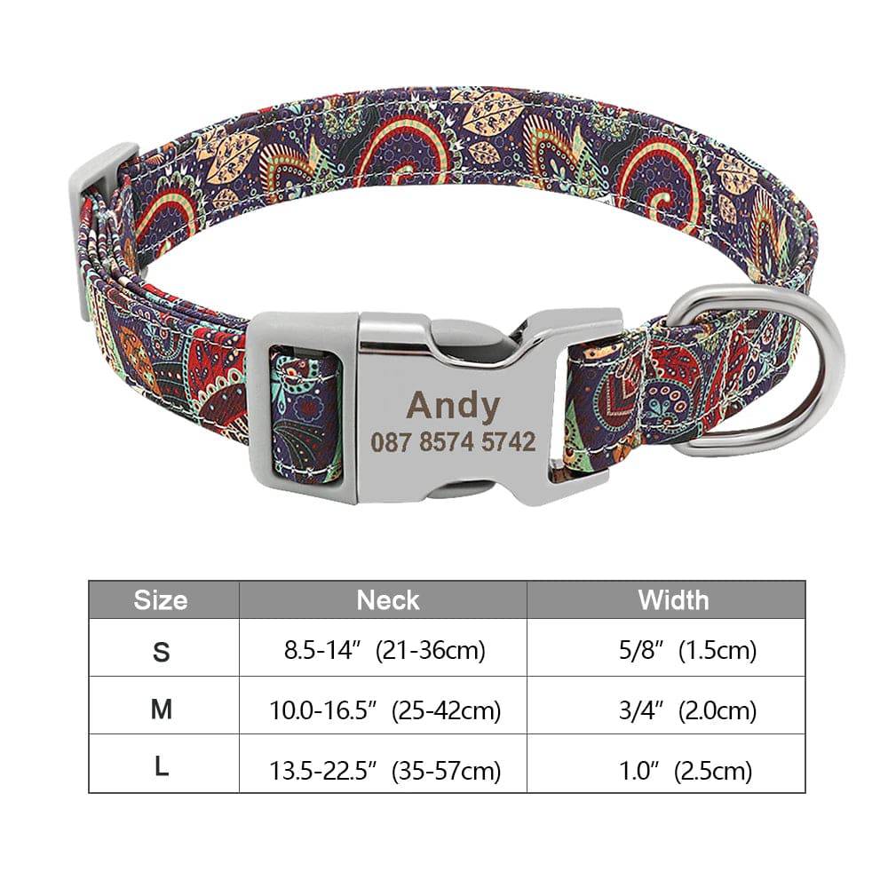 Blue personalized dog collar with engraved ID tag, nylon material, suitable for small to large dogs, by Pawciara