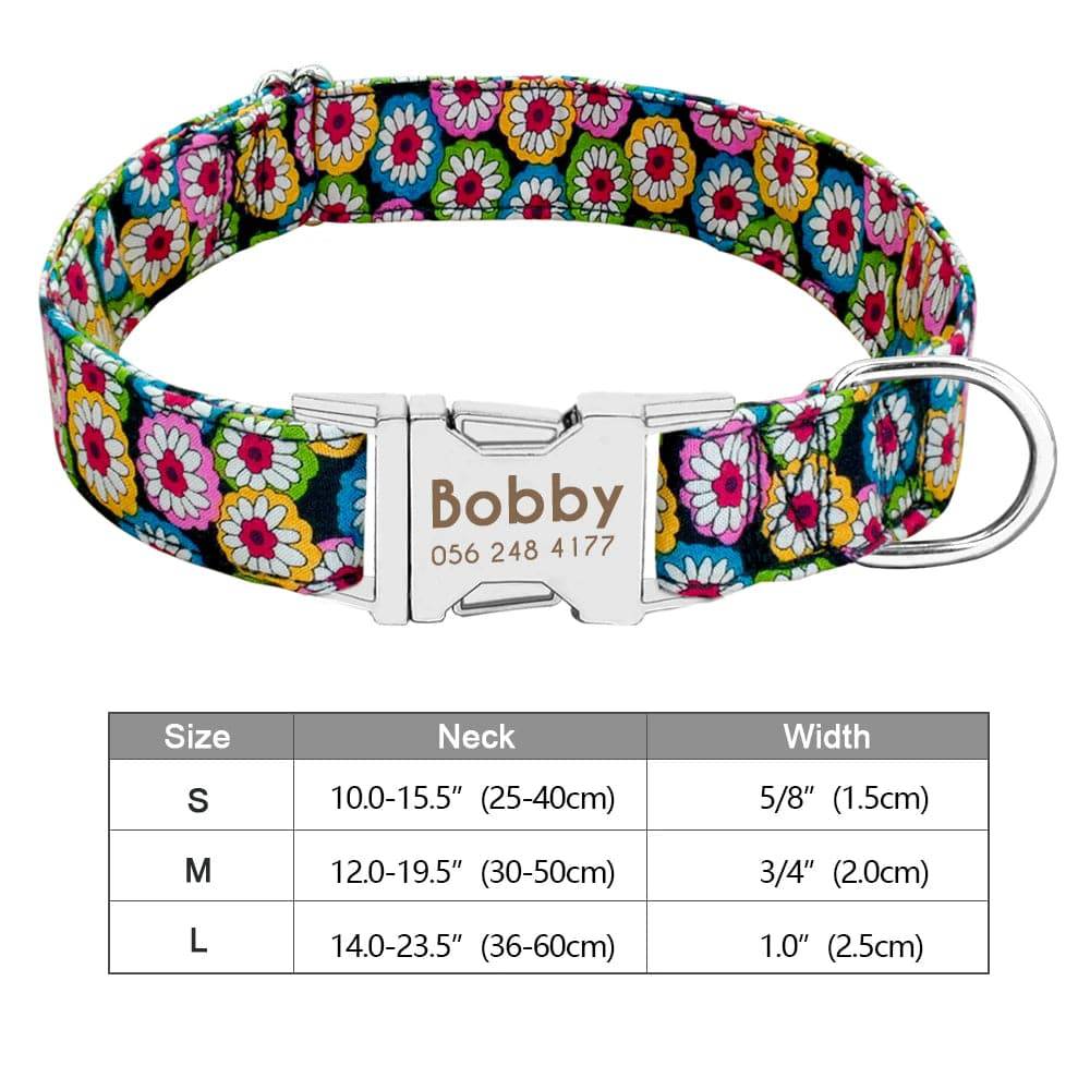 Blue nylon personalized dog collar with engraved ID tag for small to large dogs by Pawciara.