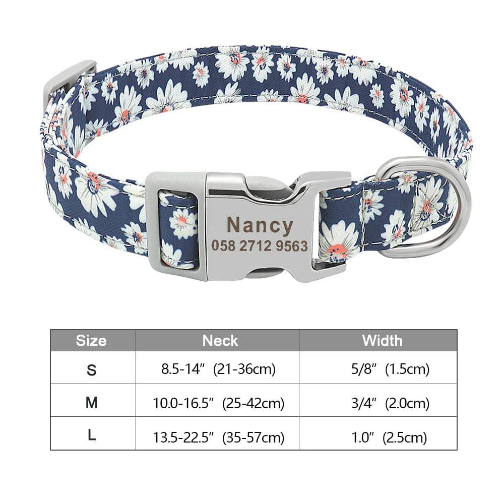 Blue personalized nylon dog collar with engraved ID tag from Pawciara, suitable for small to large dogs.