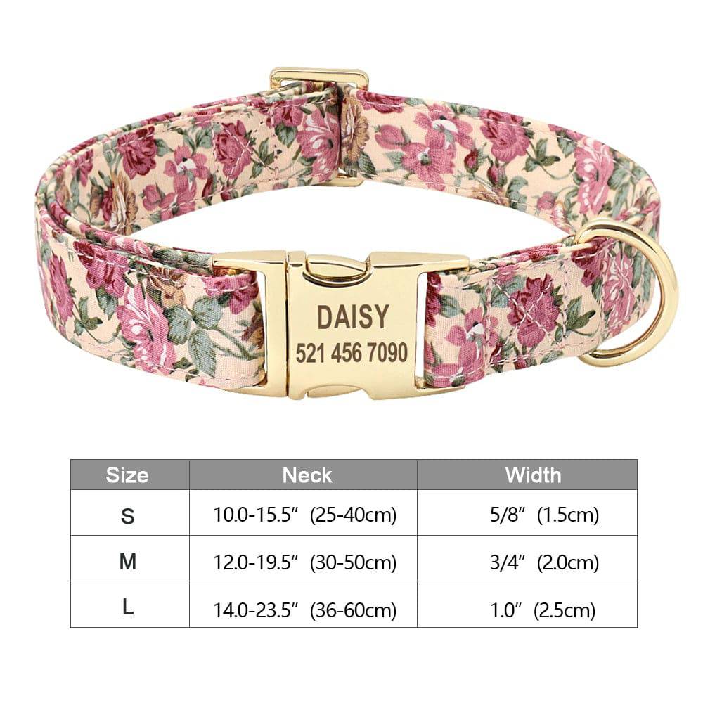Blue nylon personalized dog collar with engraved ID tag from Pawciara, suitable for small to large dogs, with printed design.