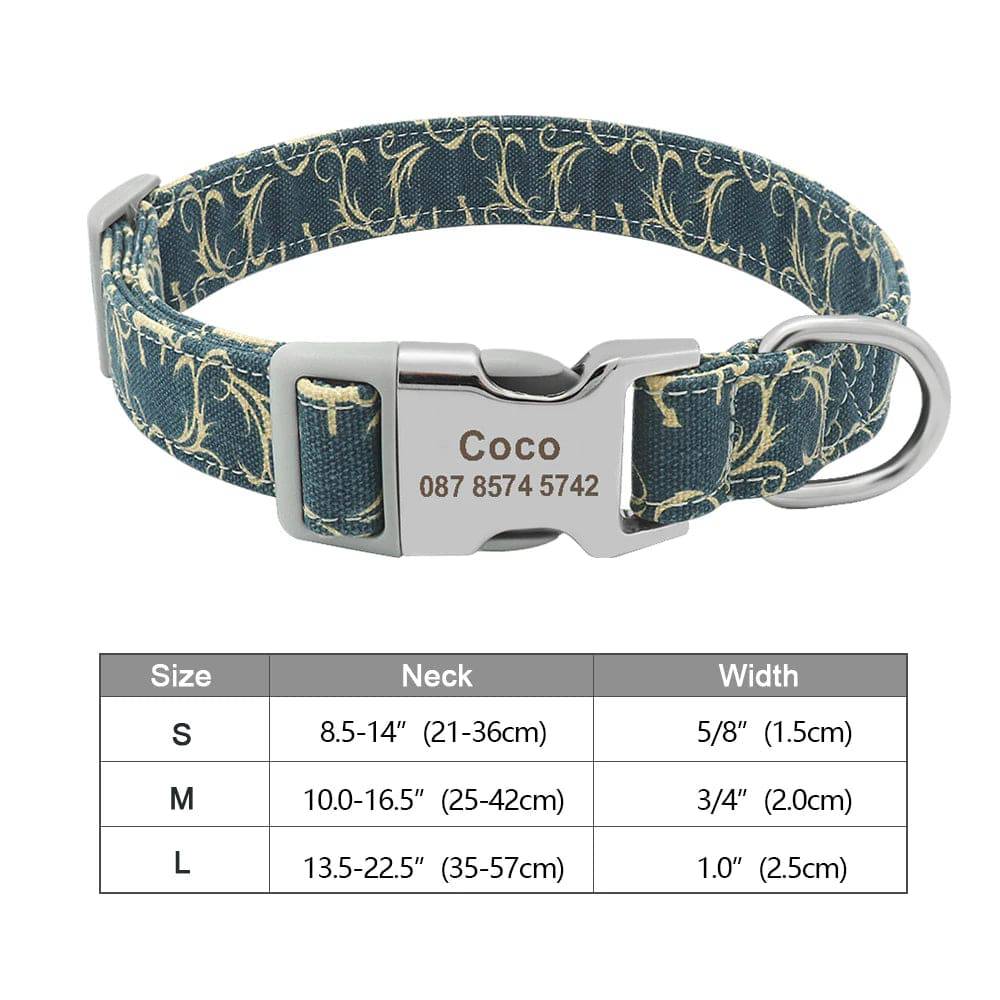 Personalized Pawciara nylon dog collar with engraved ID tag, blue color, suitable for small to large dogs, with printed design