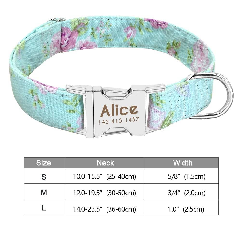 Blue personalized nylon dog collar with engraved ID tag, ideal for small to large dogs, by Pawciara.