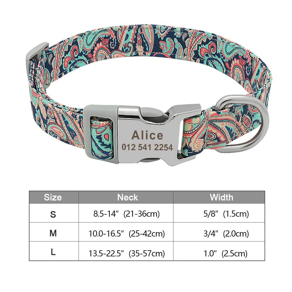 Blue personalized nylon dog collar with engraved ID tag from Pawciara, suitable for small to large dogs, featuring printed design.