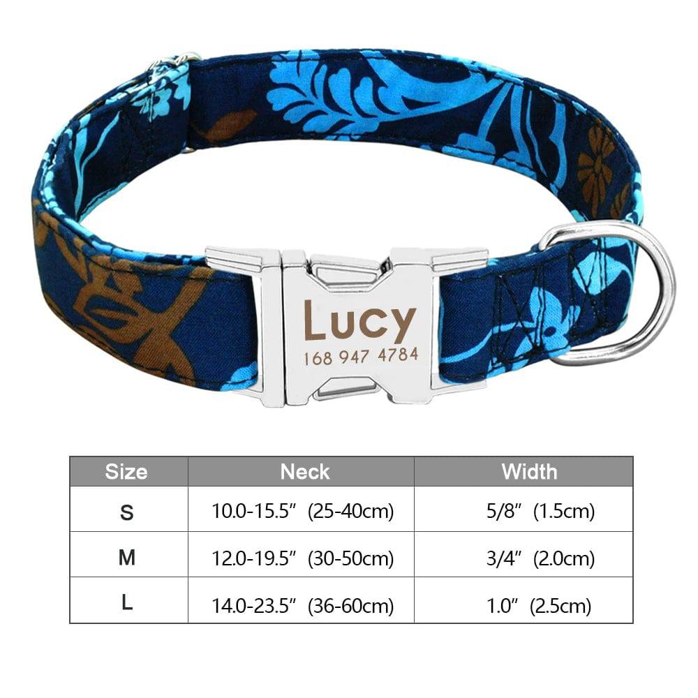 Blue personalized nylon dog collar with engraved ID tag, suitable for small to large dogs, featuring printed design and secure buckle.