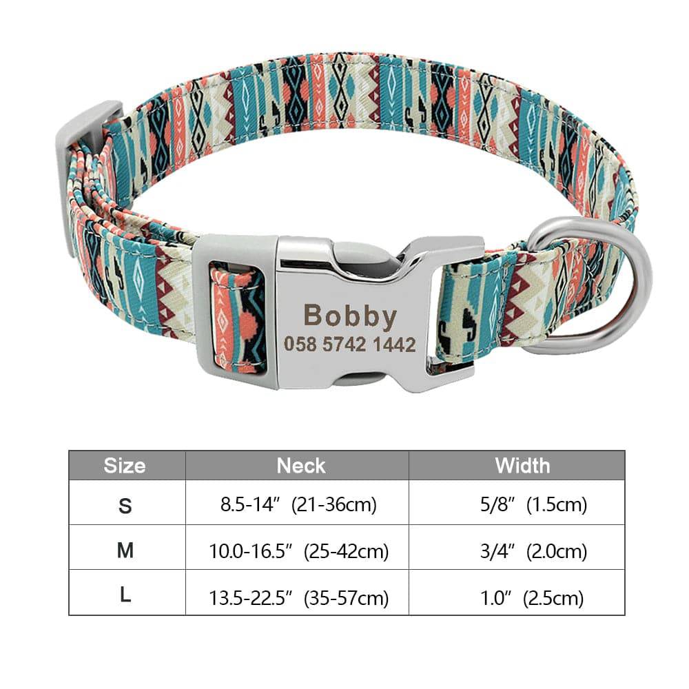 Blue personalized nylon dog collar with engraved ID tag for small to large dogs, featuring printed design and adjustable fit.