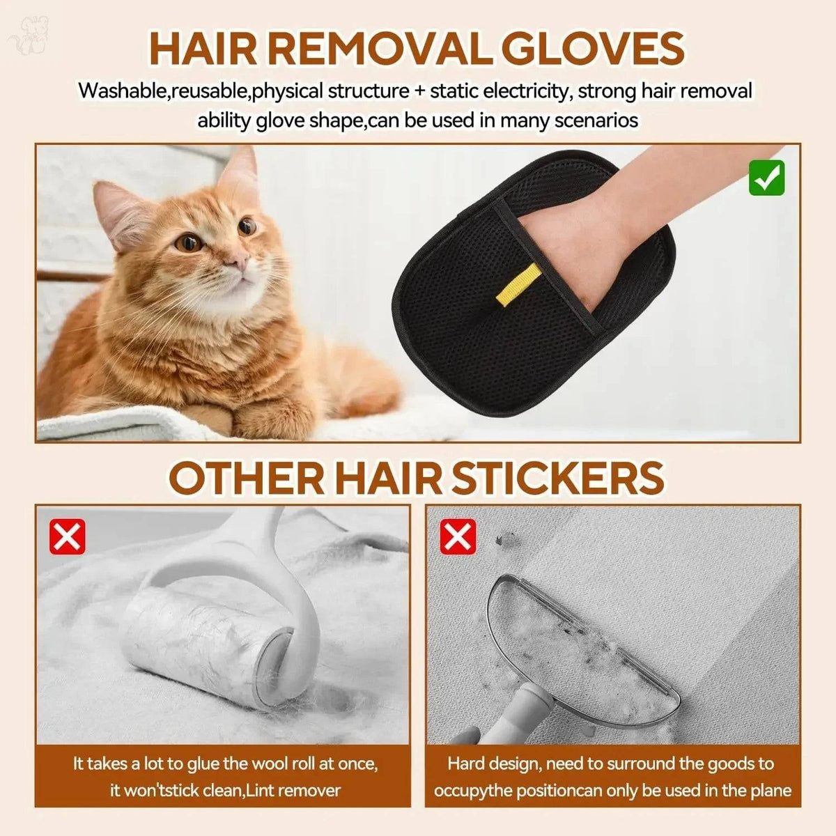 Reusable Pawciara pet hair removal gloves, double-sided grooming gloves for removing pet fur from pets and carpets.