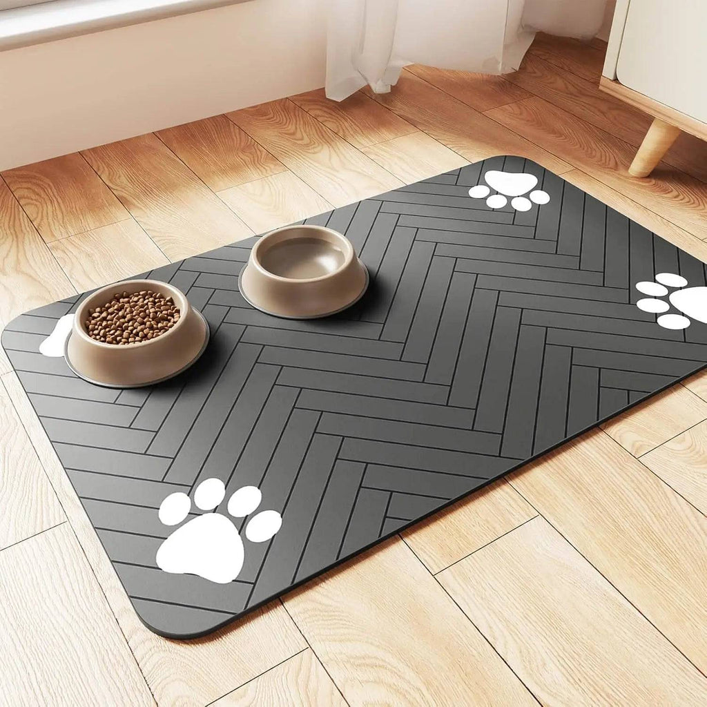 Grey Pawciara absorbent pet feeding mat with waterproof backing, designed for food and water bowls for dogs and cats.