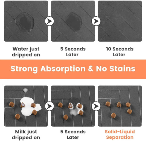 Grey Pawciara pet feeding mat with waterproof backing, absorbent surface, suitable for dog and cat food and water bowls.
