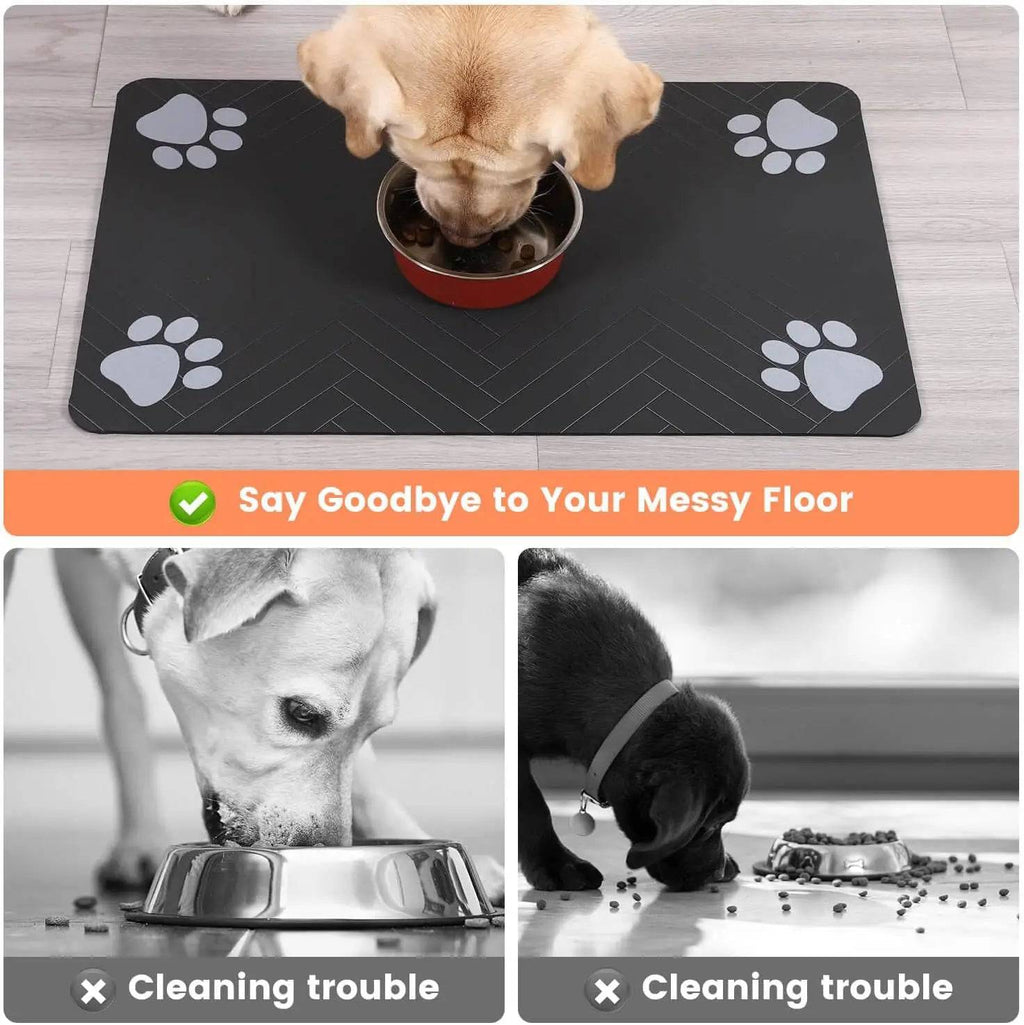 Grey Pawciara pet feeding mat with waterproof backing, absorbent surface, designed for food and water bowls for dogs and cats.