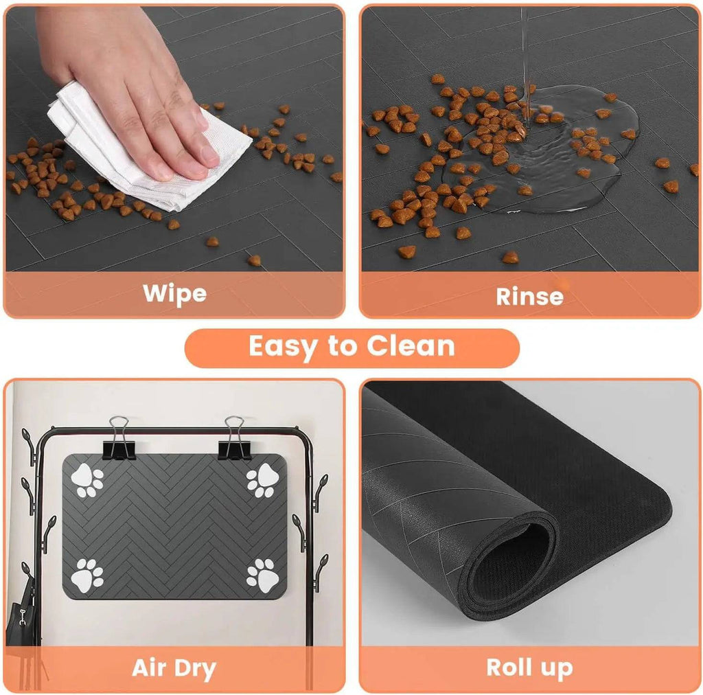 Grey Pawciara pet feeding mat with waterproof backing, absorbent surface, and quick-dry design for food and water bowls.