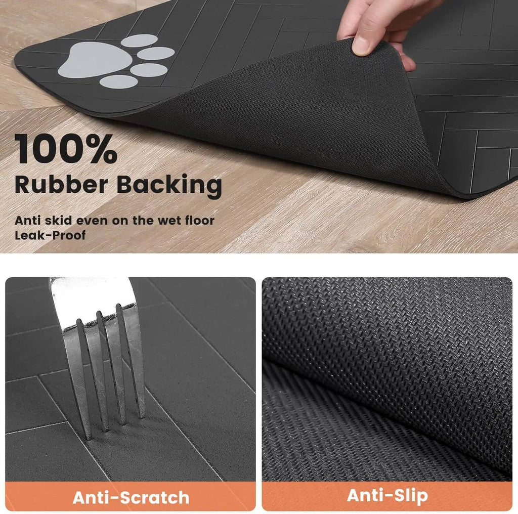 Grey Pawciara Pet Feeding Mat with waterproof backing, absorbent surface, and quick-dry design for food and water bowls.