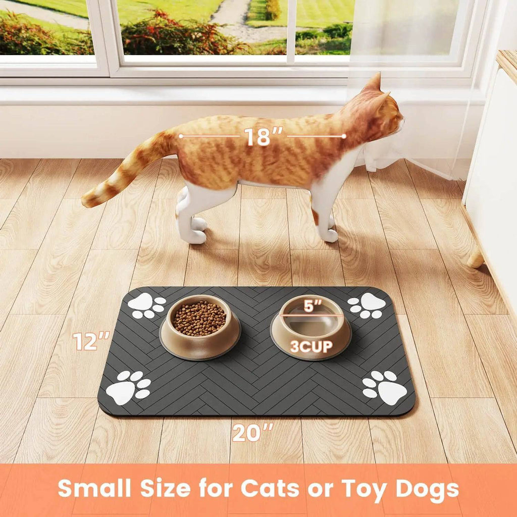 Grey Pawciara absorbent pet feeding mat with waterproof backing, suitable for food and water bowls for dogs and cats.
