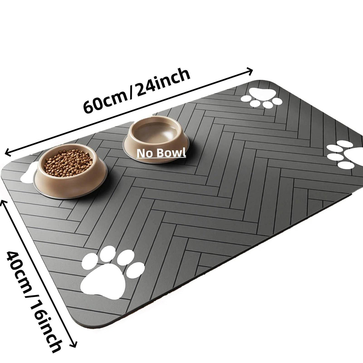Grey Pawciara pet feeding mat with waterproof backing, absorbent surface, and quick-dry design for food and water bowls.