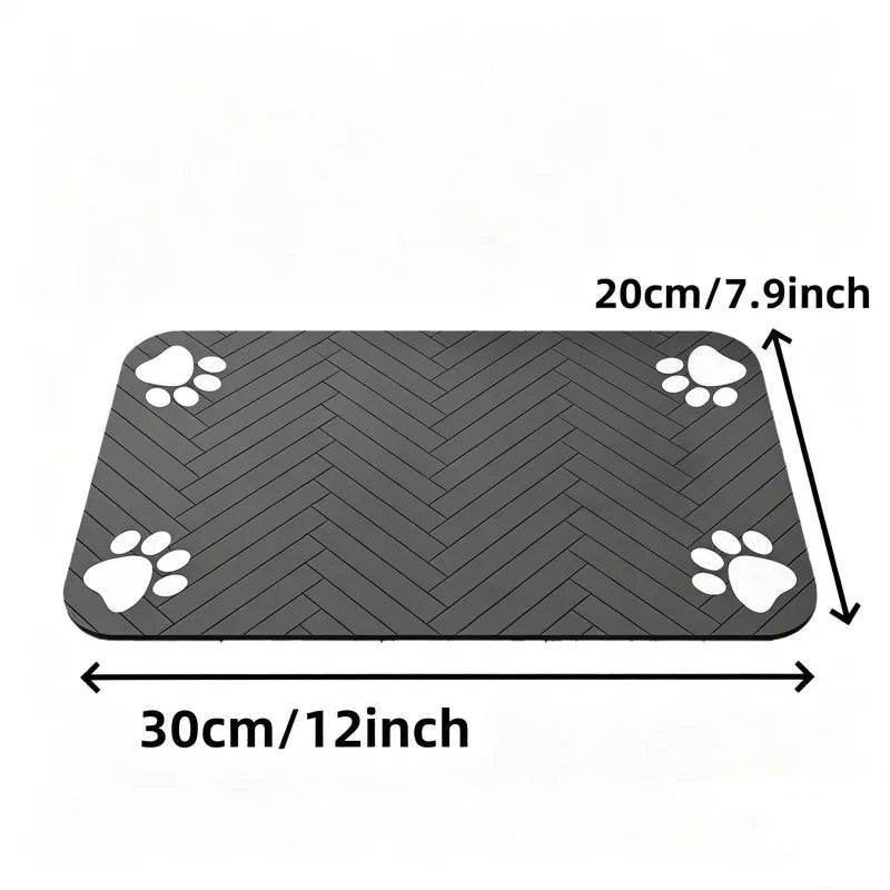 Grey Pawciara absorbent pet feeding mat with waterproof backing, designed for food and water bowls for dogs and cats.