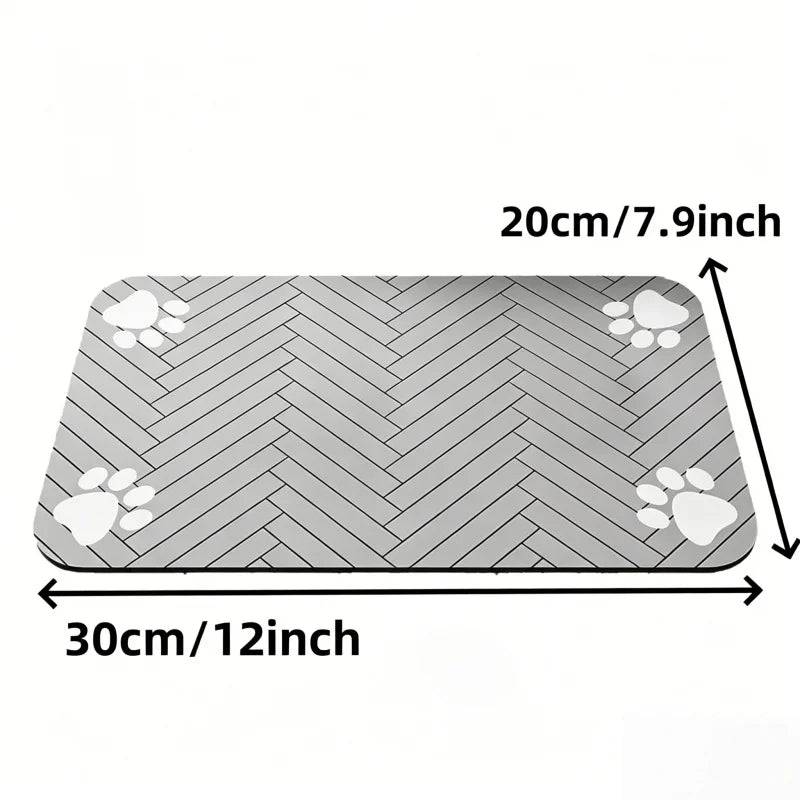 Grey Pawciara absorbent pet feeding mat with waterproof backing, designed for food and water bowls for dogs and cats.