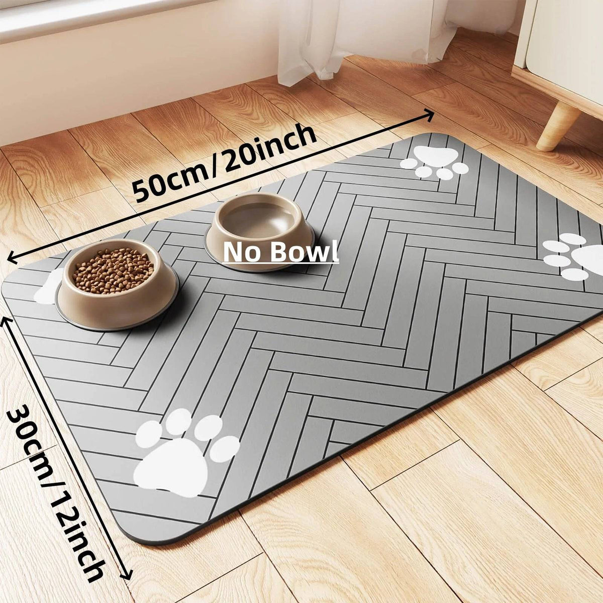 Grey Pawciara absorbent pet feeding mat with waterproof backing, designed for food and water bowls for dogs and cats.