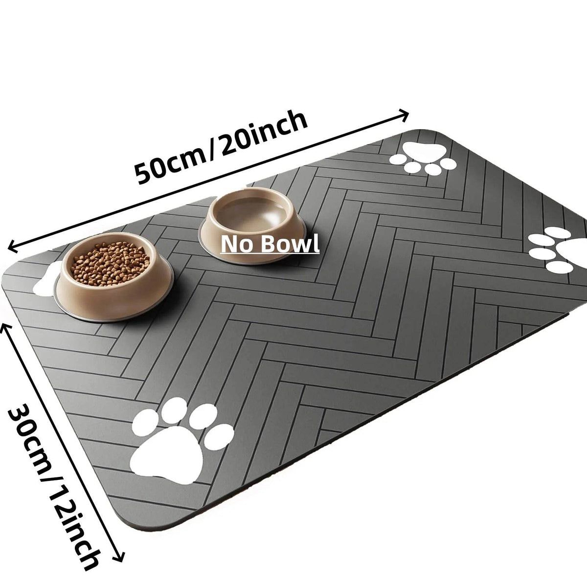 Grey Pawciara absorbent pet feeding mat with waterproof backing, designed for food and water bowls for dogs and cats.