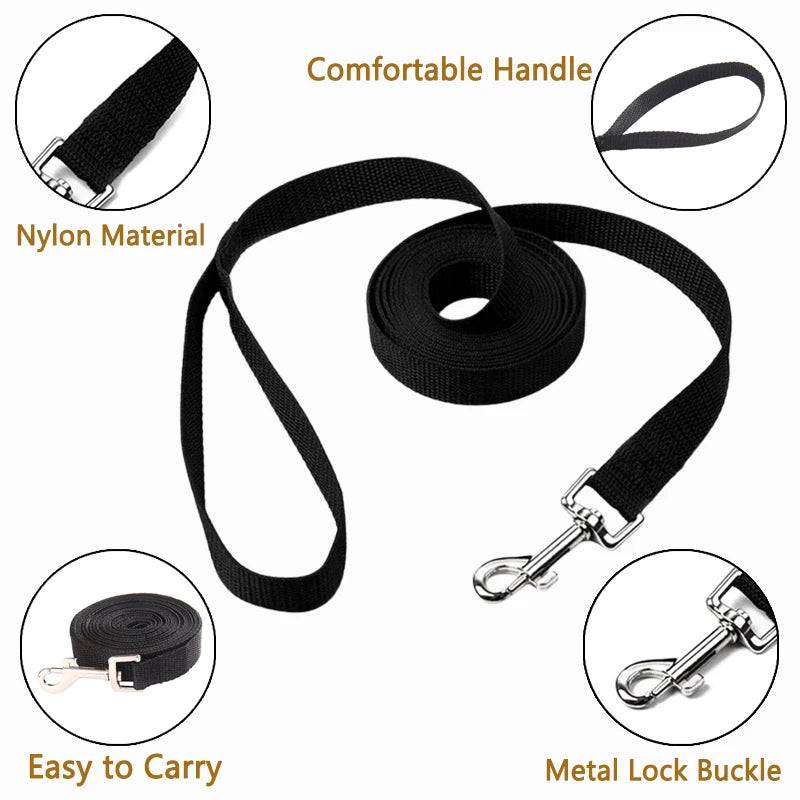 Black Pawciara long nylon dog training leash, 6m, strong and durable for small and large dogs outdoor walking and training.