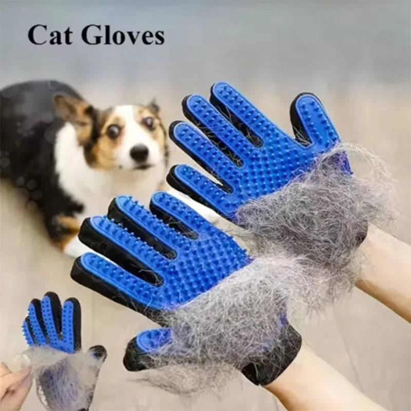 Black Pawciara pet grooming glove with deshedding bristles and massage tips for dogs and cats, used for grooming and hair removal.