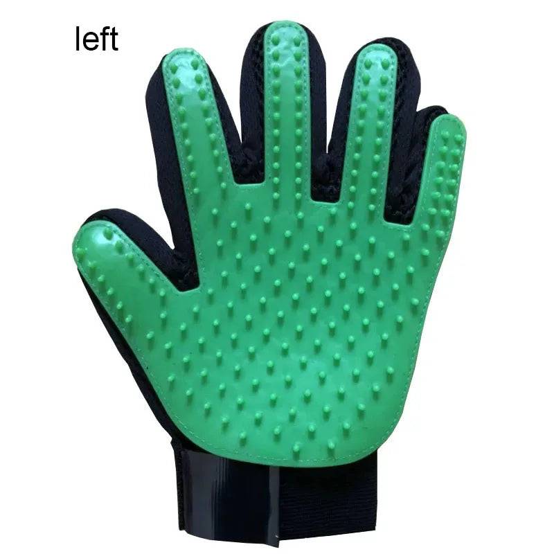 Black Pawciara pet grooming glove with deshedding and massage features for dogs and cats, showing the textured glove on pet fur.