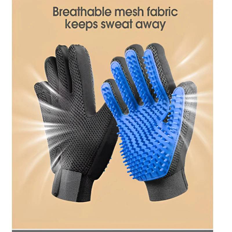 Black Pet Hair Glove Comb for grooming dogs and cats, featuring a deshedding hair remover and massage brush for easy cleaning.