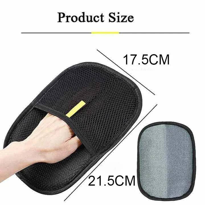 Black Pawciara pet hair glove comb for dogs and cats, showing a grooming and deshedding massage glove in use on furry animals.
