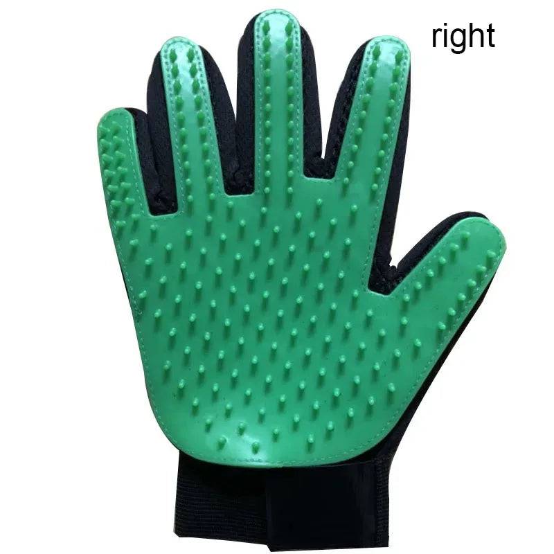 Black Pawciara pet grooming glove with deshedding bristles for dogs and cats, used for cleaning, massaging, and removing loose hair.