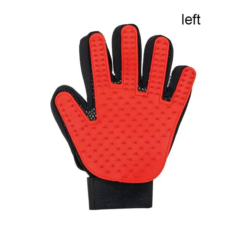 Black Pawciara pet hair glove comb for dogs and cats, with soft bristles for grooming, deshedding, and massage.