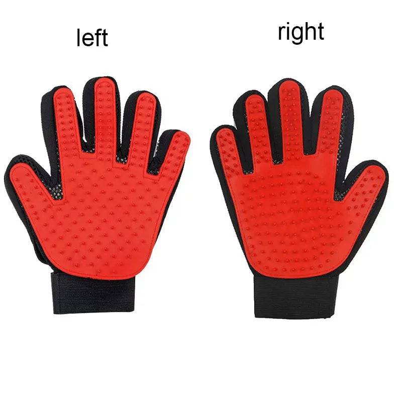 Black Pawciara pet hair glove comb for dogs and cats, used for grooming, deshedding, and massage, with soft bristle design.
