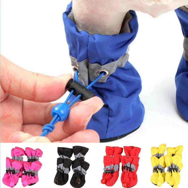 Pawciara waterproof anti-slip dog boots in black, 4-piece set for small dogs and cats, rain-proof pet footwear with paw grip.