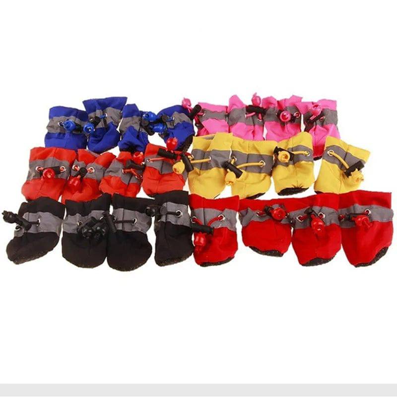 Pawciara waterproof anti-slip dog boots in black, 4-piece set, designed for small dogs and cats, with secure paw footwear for rainy days.