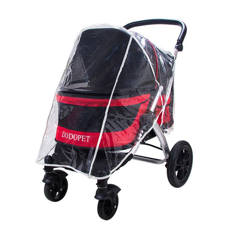 Pawciara Universal Pet Stroller Rain Cover protecting a dog stroller from rain, weatherproof and transparent for visibility.