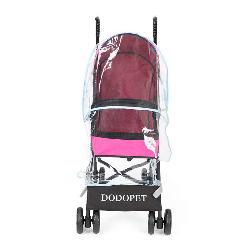 Pawciara universal pet stroller rain cover protecting dog in weatherproof, clear plastic cover for all-weather outdoor walks.