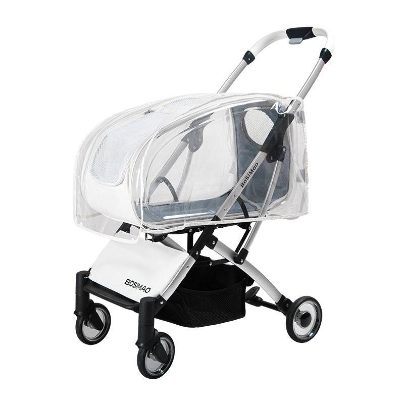 Pawciara universal pet stroller rain cover protecting a dog stroller from rain, weatherproof and transparent for visibility.