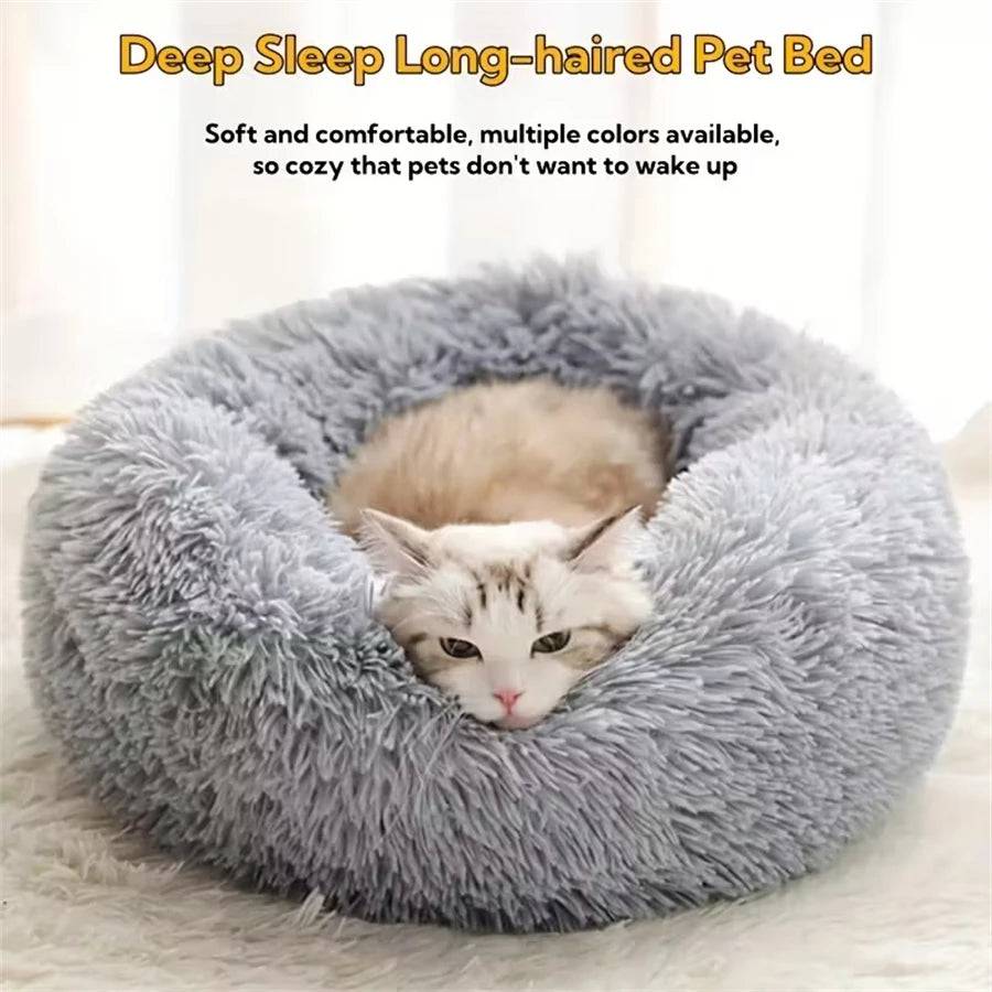 Gray Pawciara plush donut pet bed for small to medium dogs and cats, washable, soft, warm faux fur, round and comfortable.
